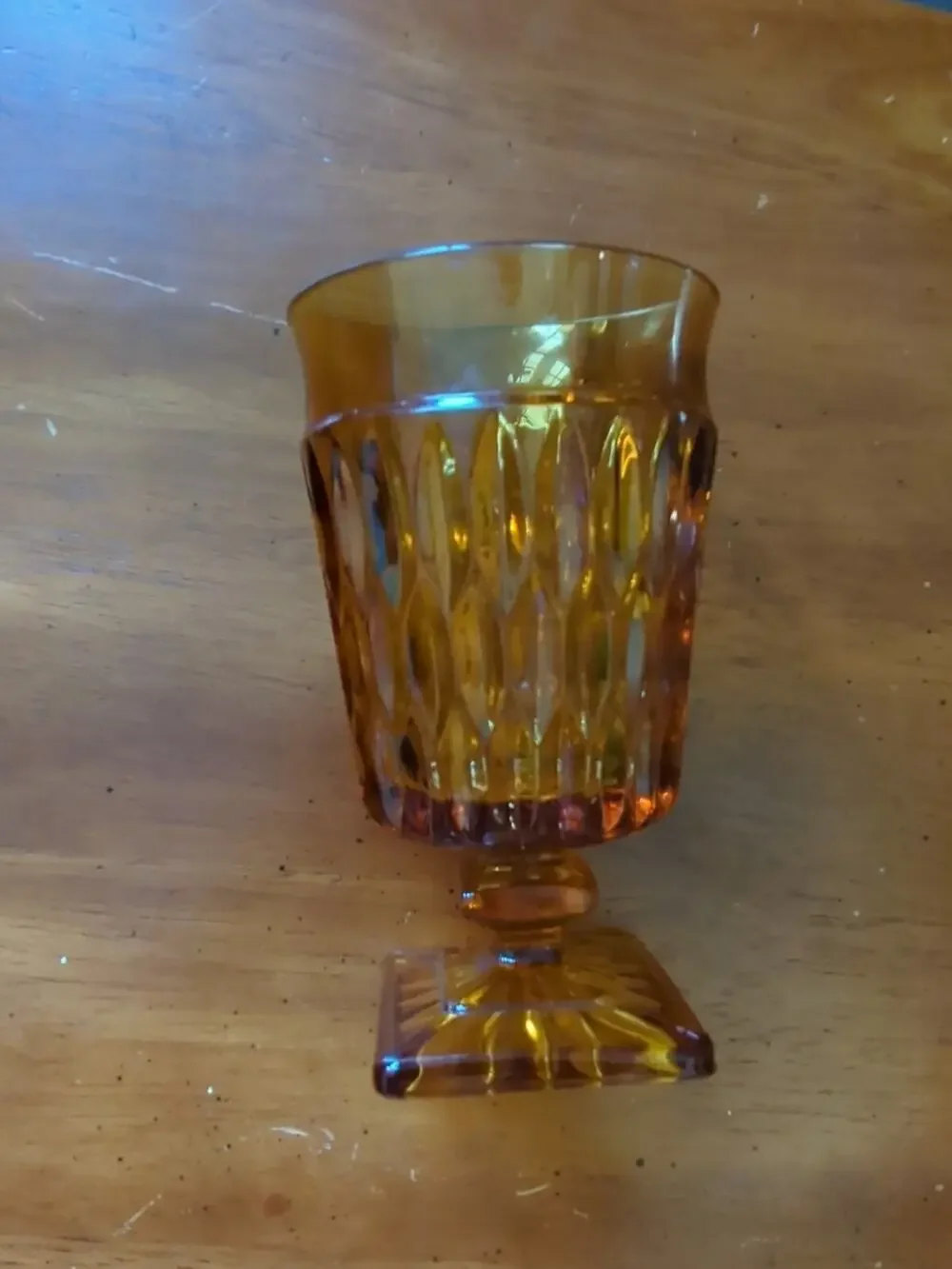 Vintage Indiana Amber Glass Mt. Vernon Tea Footed Goblet Glass Square Base